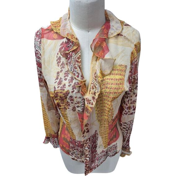 Tess Studio 100% Silk Sheer Blouse & Camisole Gold Red Print  Ruffle Neck Sz 10 - Picture 2 of 10